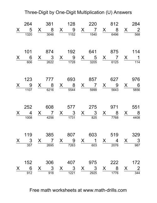 The Multiplying Three-Digit by One-Digit -- 36 per page (U) Math Worksheet Page 2