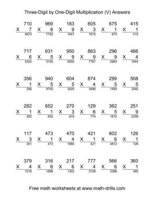 The Multiplying Three-Digit by One-Digit -- 36 per page (V) Math Worksheet Page 2