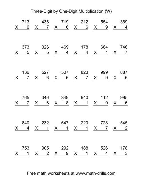 The Multiplying Three-Digit by One-Digit -- 36 per page (W) Math Worksheet