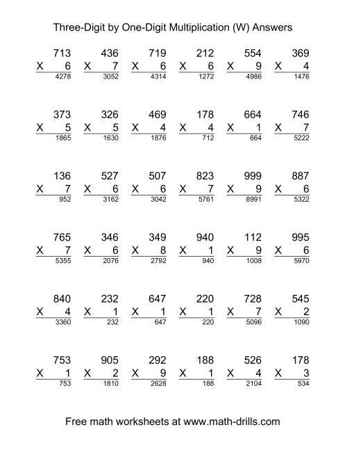 The Multiplying Three-Digit by One-Digit -- 36 per page (W) Math Worksheet Page 2