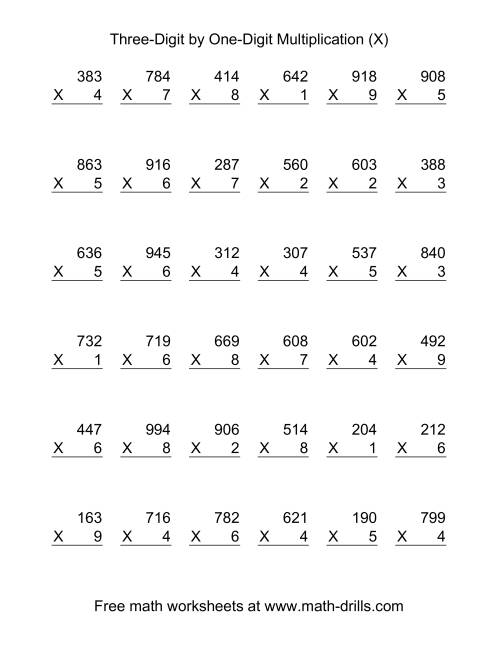 The Multiplying Three-Digit by One-Digit -- 36 per page (X) Math Worksheet