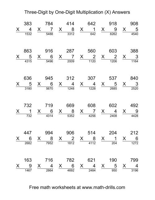 The Multiplying Three-Digit by One-Digit -- 36 per page (X) Math Worksheet Page 2