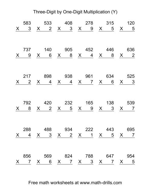 The Multiplying Three-Digit by One-Digit -- 36 per page (Y) Math Worksheet