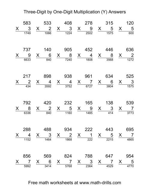 The Multiplying Three-Digit by One-Digit -- 36 per page (Y) Math Worksheet Page 2