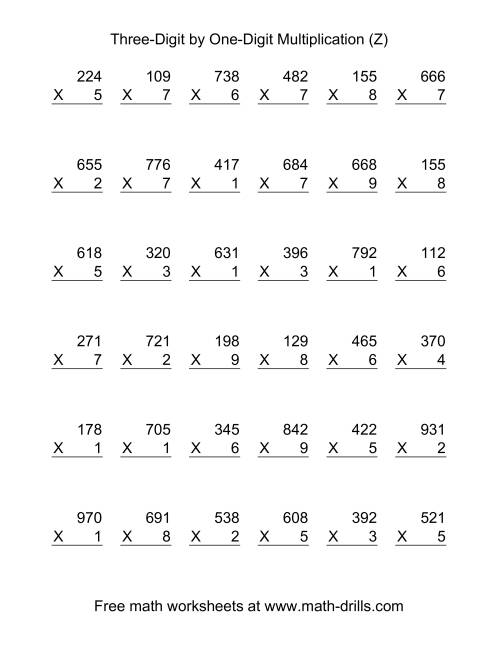 The Multiplying Three-Digit by One-Digit -- 36 per page (Z) Math Worksheet