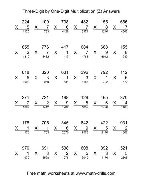 The Multiplying Three-Digit by One-Digit -- 36 per page (Z) Math Worksheet Page 2
