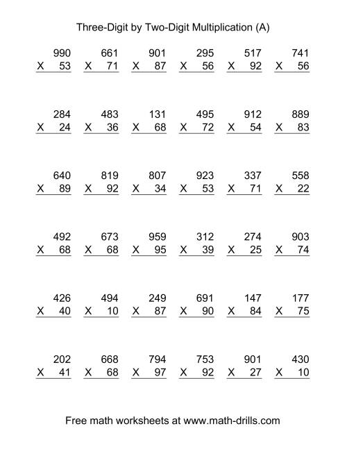 The Multiplying Three-Digit by Two-Digit -- 36 per page (A) Math Worksheet