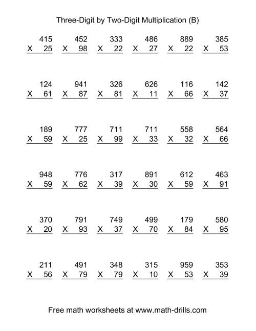 The Multiplying Three-Digit by Two-Digit -- 36 per page (B) Math Worksheet