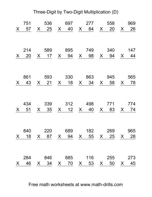 The Multiplying Three-Digit by Two-Digit -- 36 per page (D) Math Worksheet
