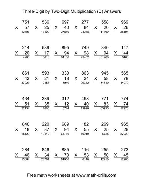 The Multiplying Three-Digit by Two-Digit -- 36 per page (D) Math Worksheet Page 2