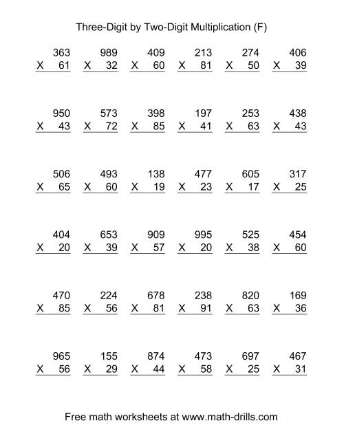 The Multiplying Three-Digit by Two-Digit -- 36 per page (F) Math Worksheet
