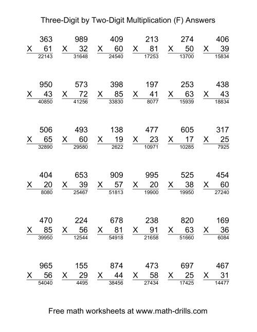 The Multiplying Three-Digit by Two-Digit -- 36 per page (F) Math Worksheet Page 2