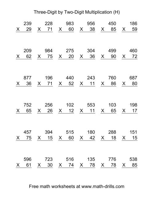 The Multiplying Three-Digit by Two-Digit -- 36 per page (H) Math Worksheet
