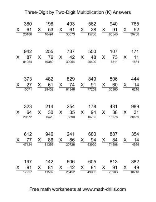 The Multiplying Three-Digit by Two-Digit -- 36 per page (K) Math Worksheet Page 2