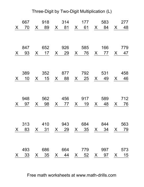 The Multiplying Three-Digit by Two-Digit -- 36 per page (L) Math Worksheet