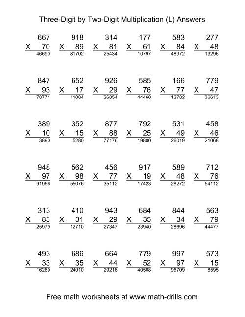 The Multiplying Three-Digit by Two-Digit -- 36 per page (L) Math Worksheet Page 2