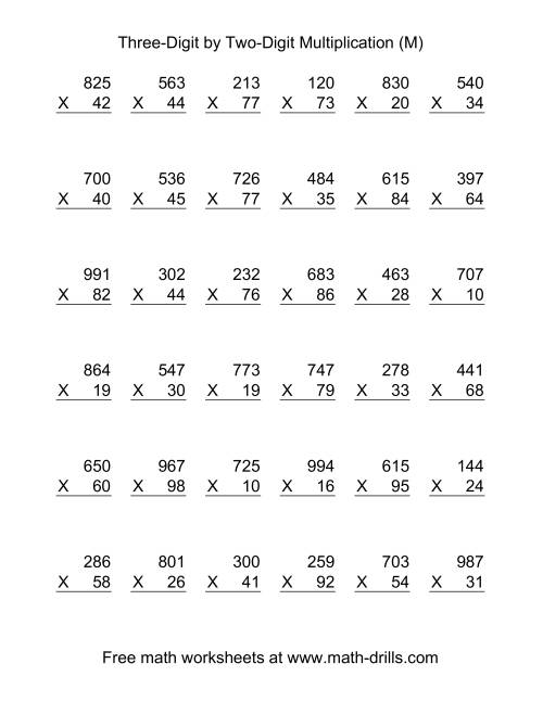 The Multiplying Three-Digit by Two-Digit -- 36 per page (M) Math Worksheet