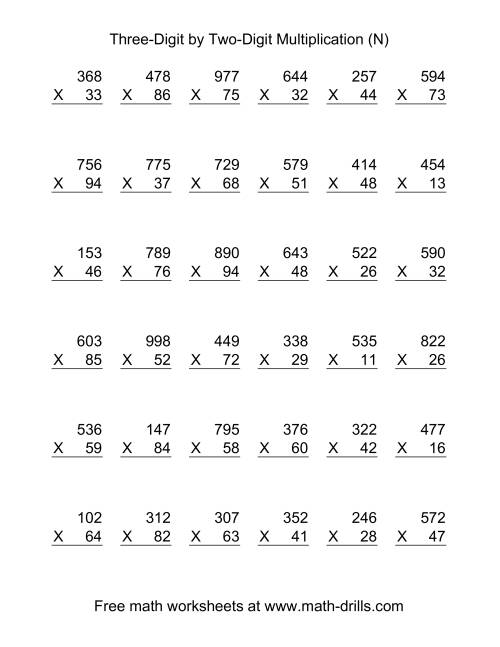The Multiplying Three-Digit by Two-Digit -- 36 per page (N) Math Worksheet