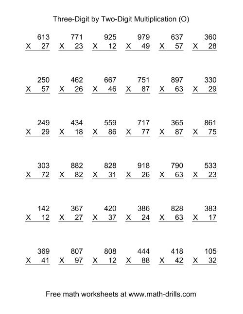 The Multiplying Three-Digit by Two-Digit -- 36 per page (O) Math Worksheet