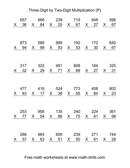 The Multiplying Three-Digit by Two-Digit -- 36 per page (P) Math Worksheet
