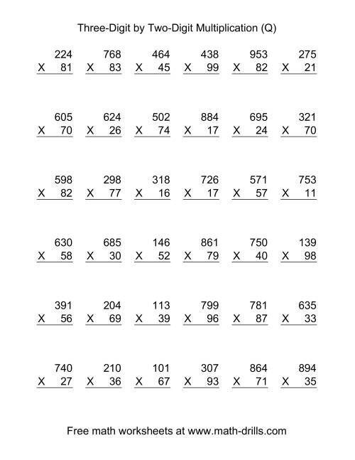 The Multiplying Three-Digit by Two-Digit -- 36 per page (Q) Math Worksheet