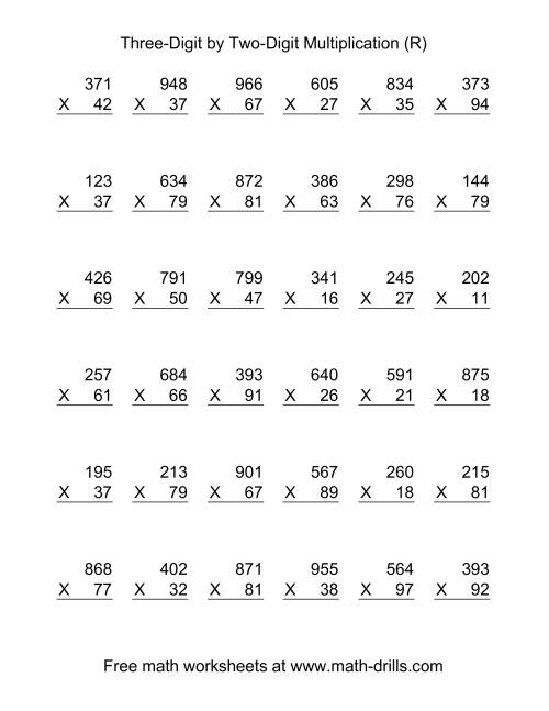 The Multiplying Three-Digit by Two-Digit -- 36 per page (R) Math Worksheet