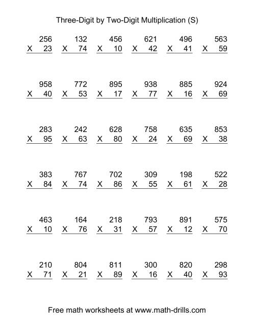 The Multiplying Three-Digit by Two-Digit -- 36 per page (S) Math Worksheet