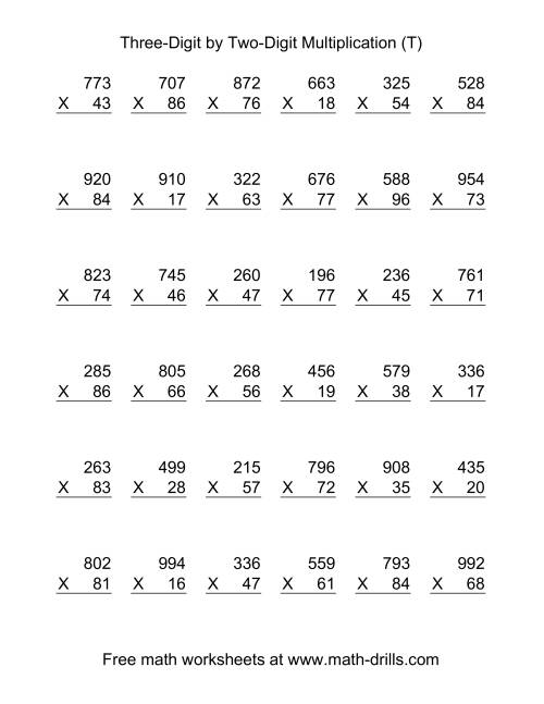 The Multiplying Three-Digit by Two-Digit -- 36 per page (T) Math Worksheet
