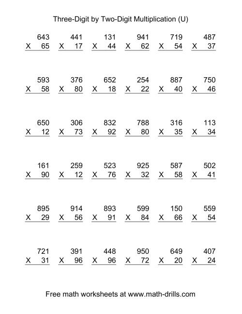 The Multiplying Three-Digit by Two-Digit -- 36 per page (U) Math Worksheet