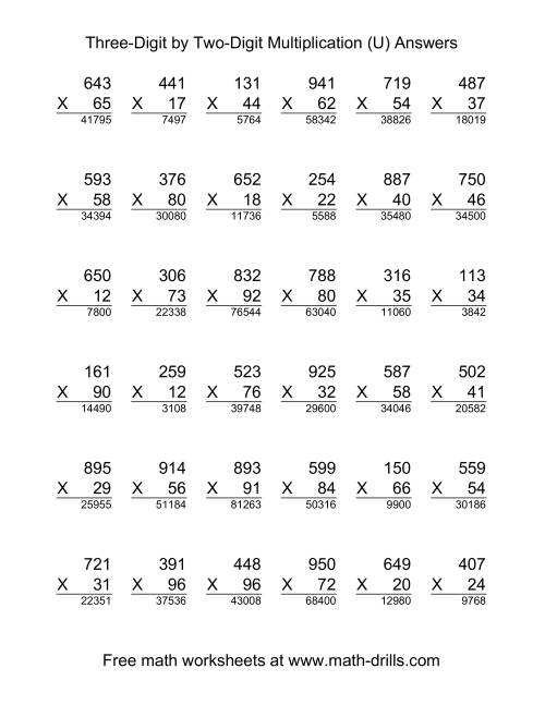The Multiplying Three-Digit by Two-Digit -- 36 per page (U) Math Worksheet Page 2