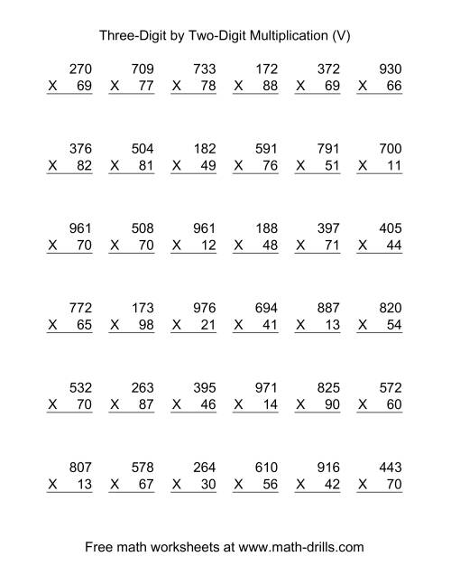 The Multiplying Three-Digit by Two-Digit -- 36 per page (V) Math Worksheet