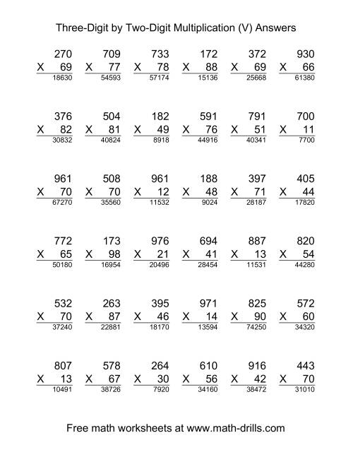 The Multiplying Three-Digit by Two-Digit -- 36 per page (V) Math Worksheet Page 2