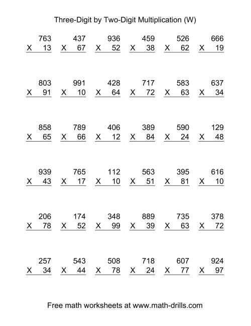 The Multiplying Three-Digit by Two-Digit -- 36 per page (W) Math Worksheet