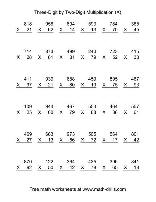The Multiplying Three-Digit by Two-Digit -- 36 per page (X) Math Worksheet