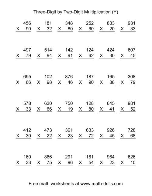 The Multiplying Three-Digit by Two-Digit -- 36 per page (Y) Math Worksheet