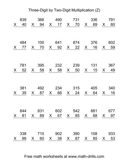 The Multiplying Three-Digit by Two-Digit -- 36 per page (Z) Math Worksheet