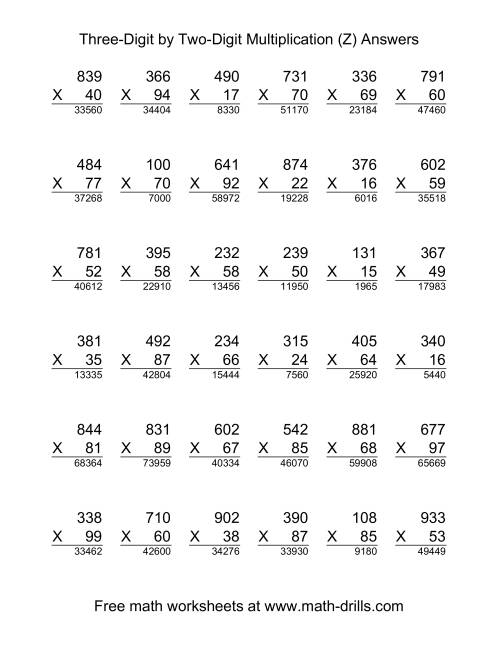 The Multiplying Three-Digit by Two-Digit -- 36 per page (Z) Math Worksheet Page 2