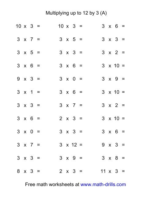The 36 Horizontal Multiplication Facts Questions -- 3 by 0-12 (A) Math Worksheet