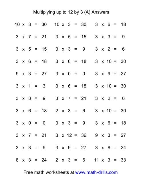 The 36 Horizontal Multiplication Facts Questions -- 3 by 0-12 (A) Math Worksheet Page 2