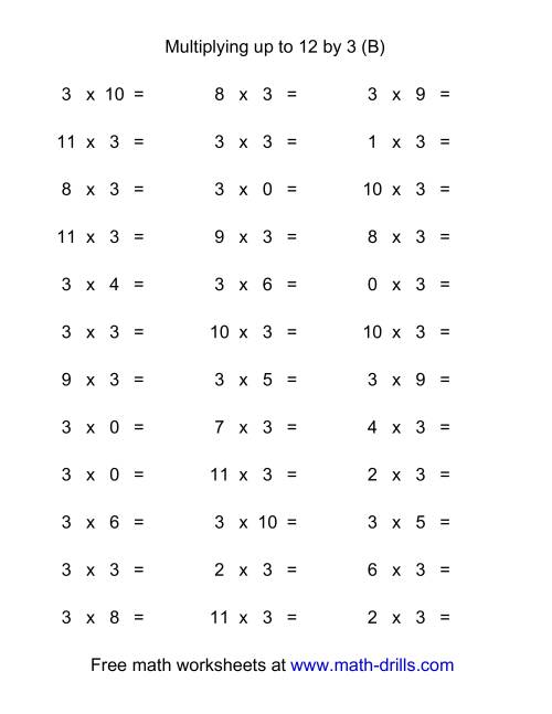 The 36 Horizontal Multiplication Facts Questions -- 3 by 0-12 (B) Math Worksheet