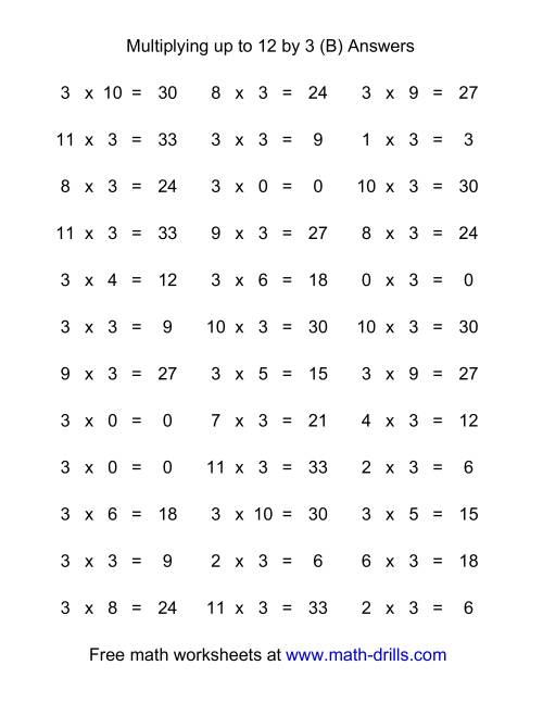 The 36 Horizontal Multiplication Facts Questions -- 3 by 0-12 (B) Math Worksheet Page 2
