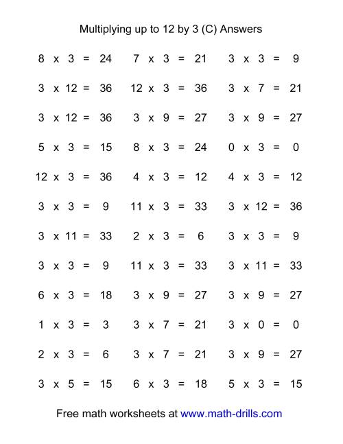 The 36 Horizontal Multiplication Facts Questions -- 3 by 0-12 (C) Math Worksheet Page 2