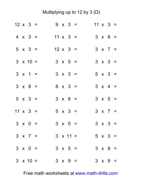 The 36 Horizontal Multiplication Facts Questions -- 3 by 0-12 (D) Math Worksheet