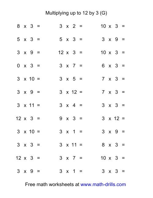 The 36 Horizontal Multiplication Facts Questions -- 3 by 0-12 (G) Math Worksheet
