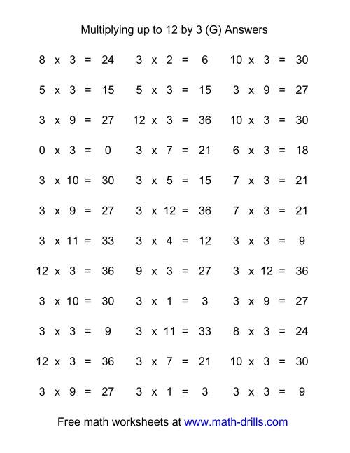 The 36 Horizontal Multiplication Facts Questions -- 3 by 0-12 (G) Math Worksheet Page 2