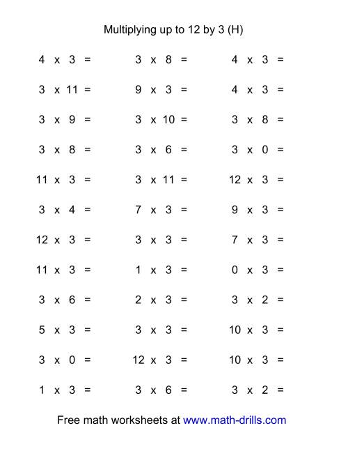 The 36 Horizontal Multiplication Facts Questions -- 3 by 0-12 (H) Math Worksheet