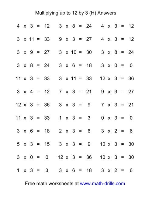 The 36 Horizontal Multiplication Facts Questions -- 3 by 0-12 (H) Math Worksheet Page 2