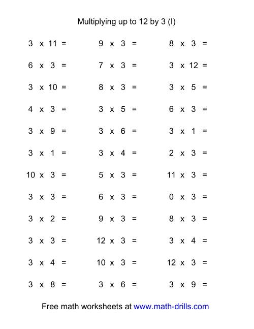 The 36 Horizontal Multiplication Facts Questions -- 3 by 0-12 (I) Math Worksheet
