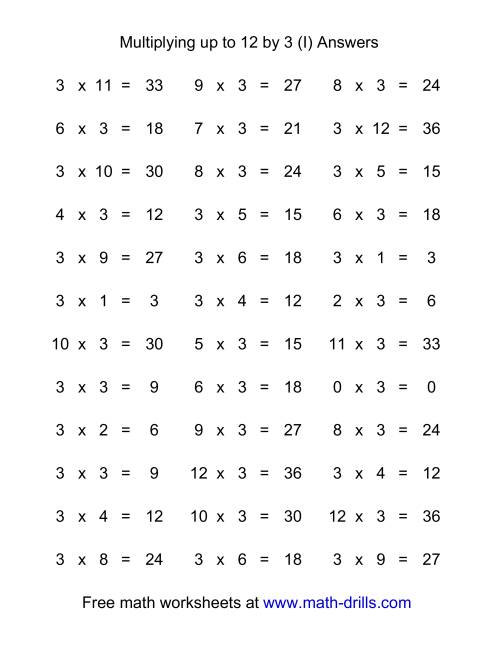 The 36 Horizontal Multiplication Facts Questions -- 3 by 0-12 (I) Math Worksheet Page 2