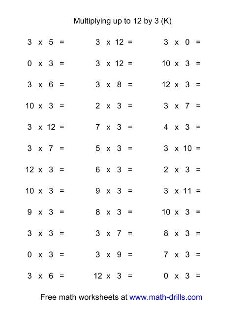 The 36 Horizontal Multiplication Facts Questions -- 3 by 0-12 (K) Math Worksheet